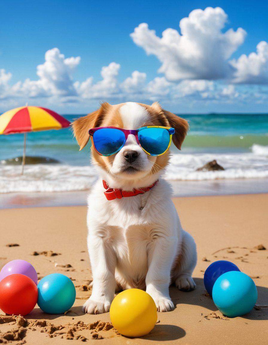 A playful scene featuring a sad puppy sitting on a beach with oversized sunglasses and a tiny beach umbrella beside it. In the background, a group of cheerful dogs of different breeds joyfully playing in the surf, some wearing funny hats and colorful beach balls scattered around. The sky is bright blue with fluffy white clouds, enhancing the humorous contrast between the sad puppy and the lively beach atmosphere. vibrant colors. cheerful cartoon style.