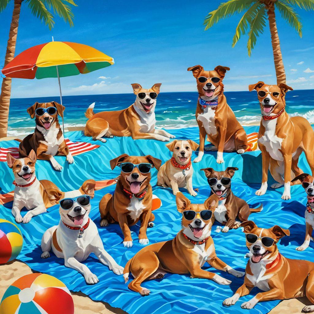 A vibrant beach scene filled with playful dogs sporting colorful bikinis, laughter in the air. Each dog poses in a funny way, some splashing in the waves, others lounging on beach towels with sunglasses. The sunlight glistens on the ocean in the background, creating a cheerful and whimsical atmosphere. Add elements like beach balls and palm trees to enhance the fun. cartoonish style. vibrant colors. clear blue sky.