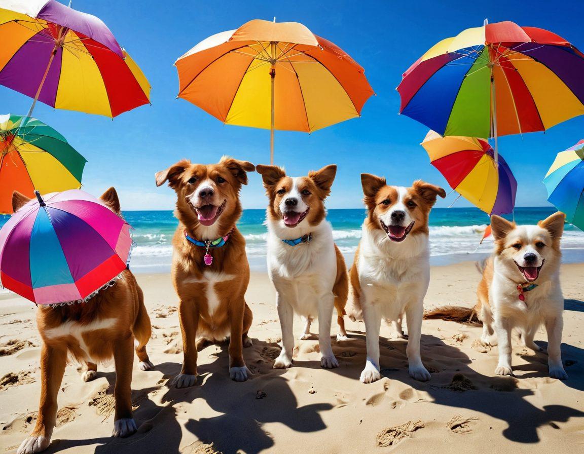 A playful scene featuring adorable dogs of various breeds strutting confidently on a sunny beach, dressed in vibrant bikinis. The background showcases a clear blue sky with bright sun rays, sandy beach, and colorful beach umbrellas. Capture the joy in the dogs' expressions and the lively atmosphere filled with beach balls and playful waves. This image should evoke happiness and warmth. super-realistic. vibrant colors. cheerful atmosphere.